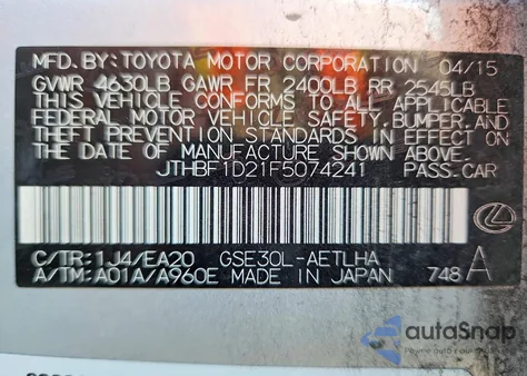 2015 Lexus Is 250 from USA, damaged, VIN JTHBF1D21F5074241